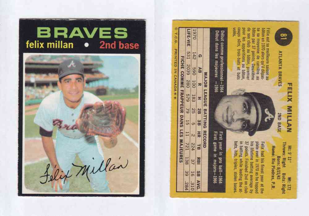 1971 O-PEE-CHEE BASEBALL CARDS #81 F. MILLAN photo 1971 O-PEE-CHEE BASEBALL CARDS #81 F. MILLAN photo