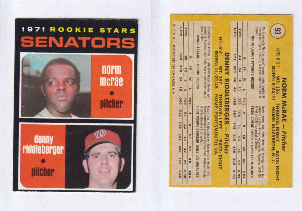 1971 O-PEE-CHEE BASEBALL CARDS #93 N. McRAE photo 1971 O-PEE-CHEE BASEBALL CARDS #93 N. McRAE photo