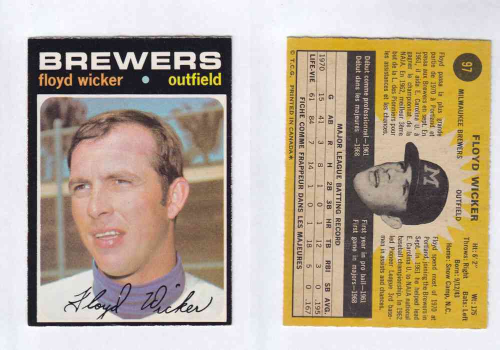 1971 O-PEE-CHEE BASEBALL CARDS #97 F. WICKER photo 1971 O-PEE-CHEE BASEBALL CARDS #97 F. WICKER photo