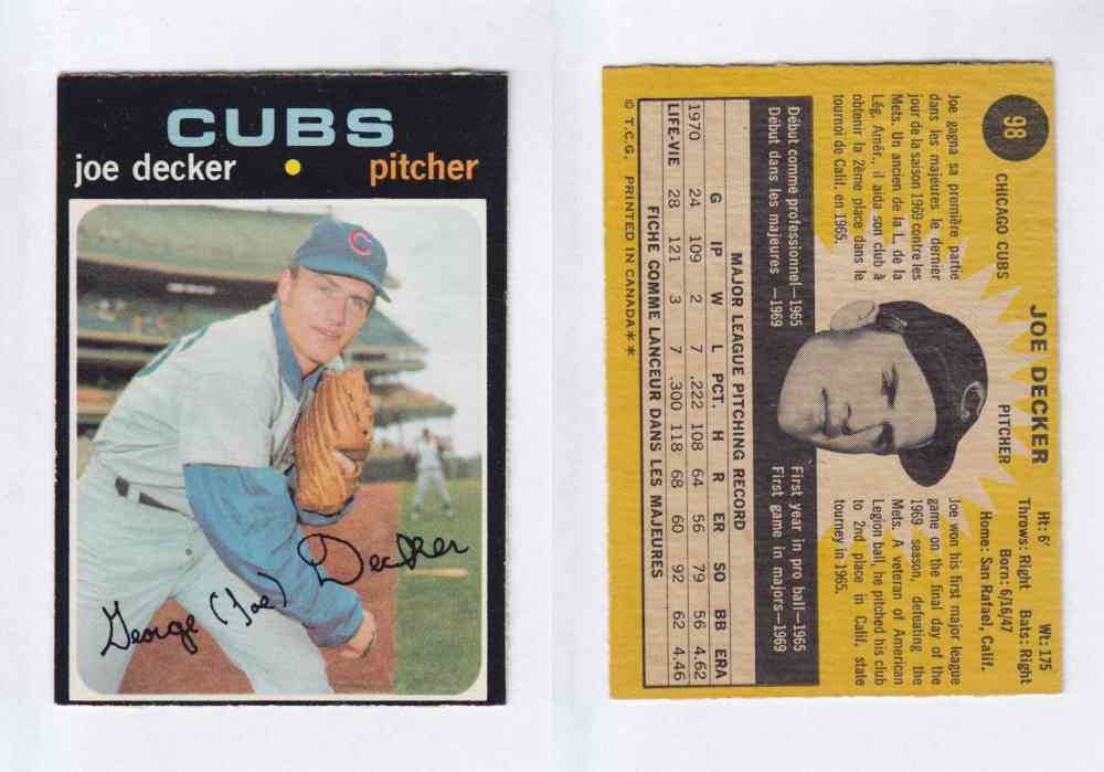 1971 O-PEE-CHEE BASEBALL CARDS #98 J. DECKER photo 1971 O-PEE-CHEE BASEBALL CARDS #98 J. DECKER photo