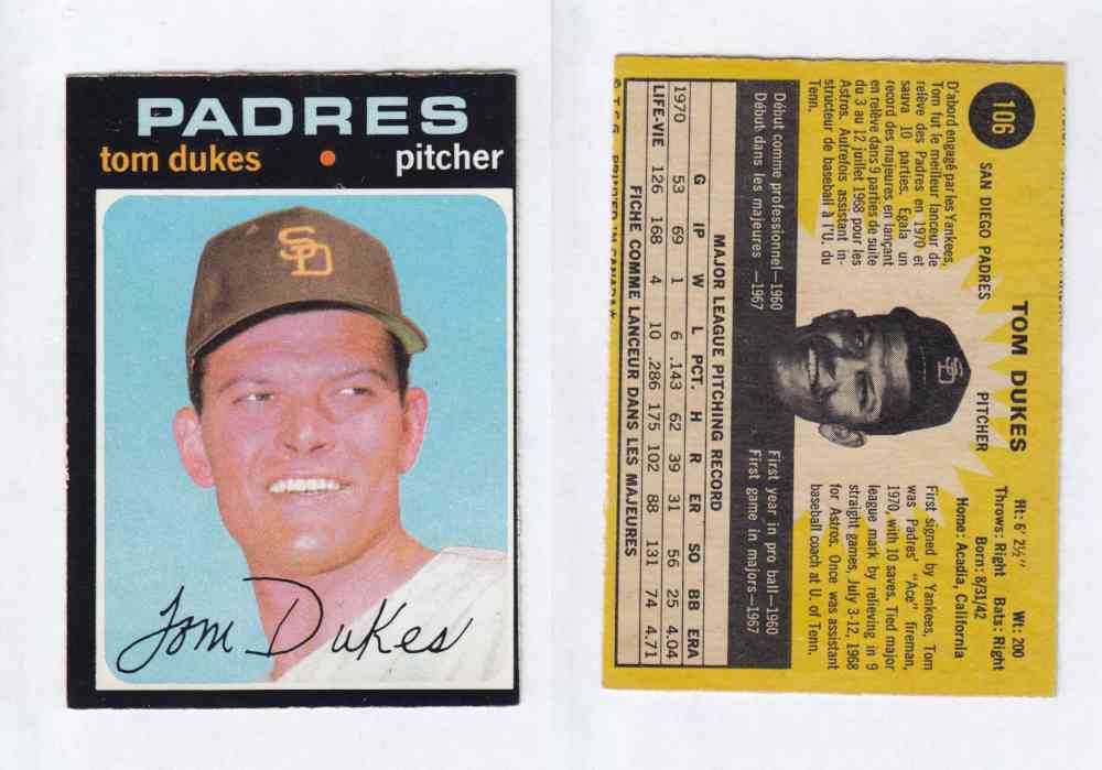 1971 O-PEE-CHEE BASEBALL CARDS #106 T. DUKES photo 1971 O-PEE-CHEE BASEBALL CARDS #106 T. DUKES photo
