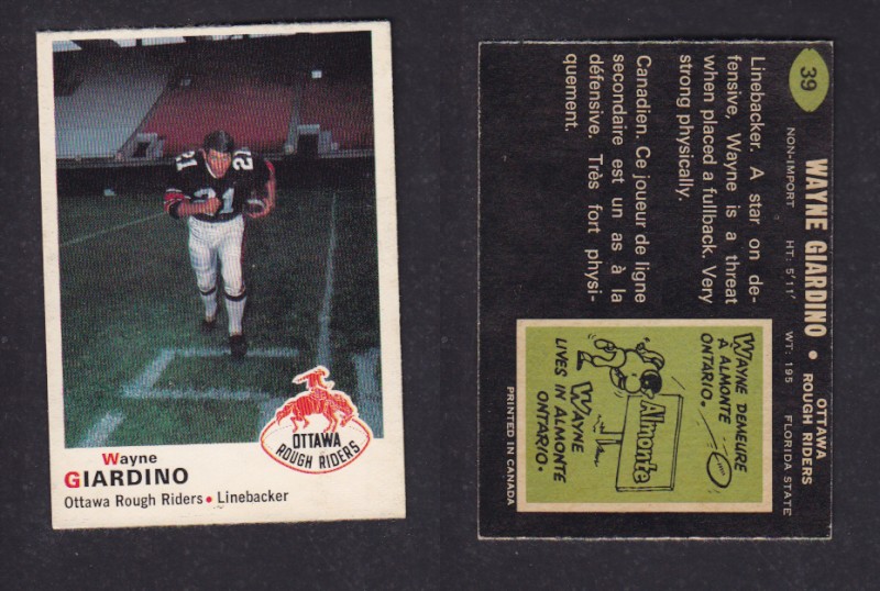 1970 CFL O-PEE-CHEE FOOTBALL CARD #39 W. GIARDINO photo 1970 CFL O-PEE-CHEE FOOTBALL CARD #39 W. GIARDINO photo