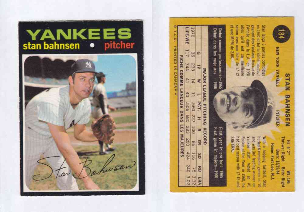 1971 O-PEE-CHEE BASEBALL CARDS #184 S. BAHNSEN photo 1971 O-PEE-CHEE BASEBALL CARDS #184 S. BAHNSEN photo