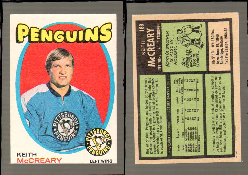 1971-72 O-PEE-CHEE HOCKEY CARD #188 K.MCCREARY photo 1971-72 O-PEE-CHEE HOCKEY CARD #188 K.MCCREARY photo