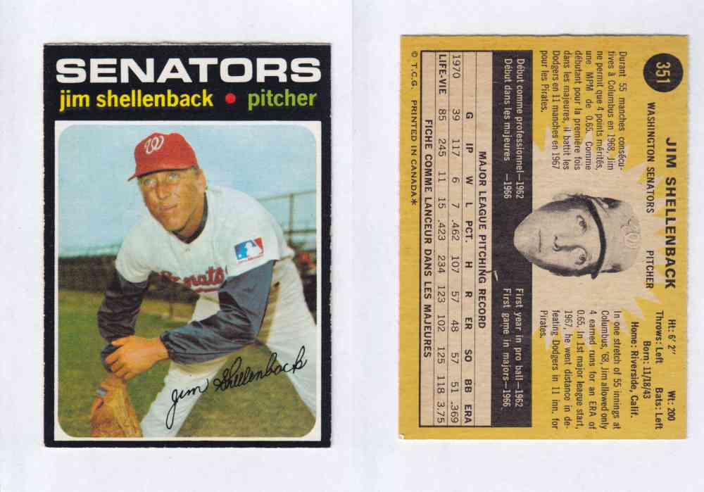 1971 O-PEE-CHEE BASEBALL CARDS #351 J. SHELLENBACK photo 1971 O-PEE-CHEE BASEBALL CARDS #351 J. SHELLENBACK photo