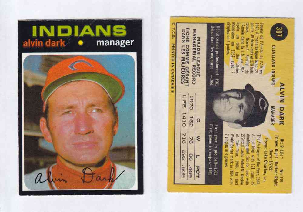 1971 O-PEE-CHEE BASEBALL CARDS #397 A. DARK photo 1971 O-PEE-CHEE BASEBALL CARDS #397 A. DARK photo
