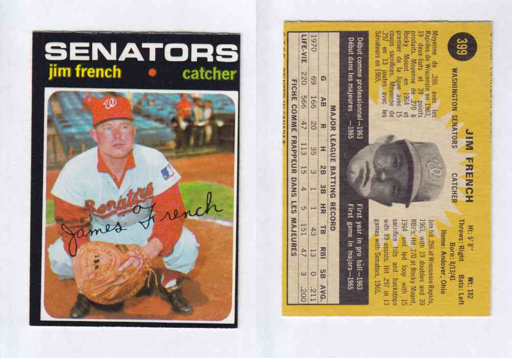 1971 O-PEE-CHEE BASEBALL CARDS #399 J. FRENCH photo 1971 O-PEE-CHEE BASEBALL CARDS #399 J. FRENCH photo