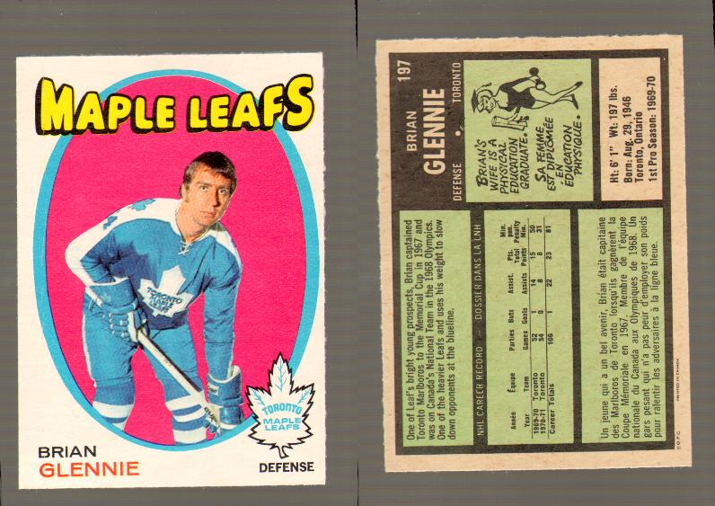 1971-72 O-PEE-CHEE HOCKEY CARD #197 B.GLENNIE photo 1971-72 O-PEE-CHEE HOCKEY CARD #197 B.GLENNIE photo