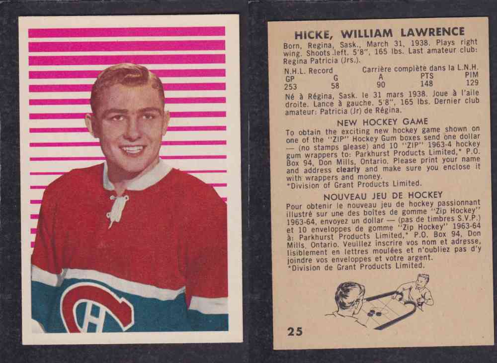 1963-64 PARKURST HOCKEY CARD #25 W. HICKE photo 1963-64 PARKURST HOCKEY CARD #25 W. HICKE photo