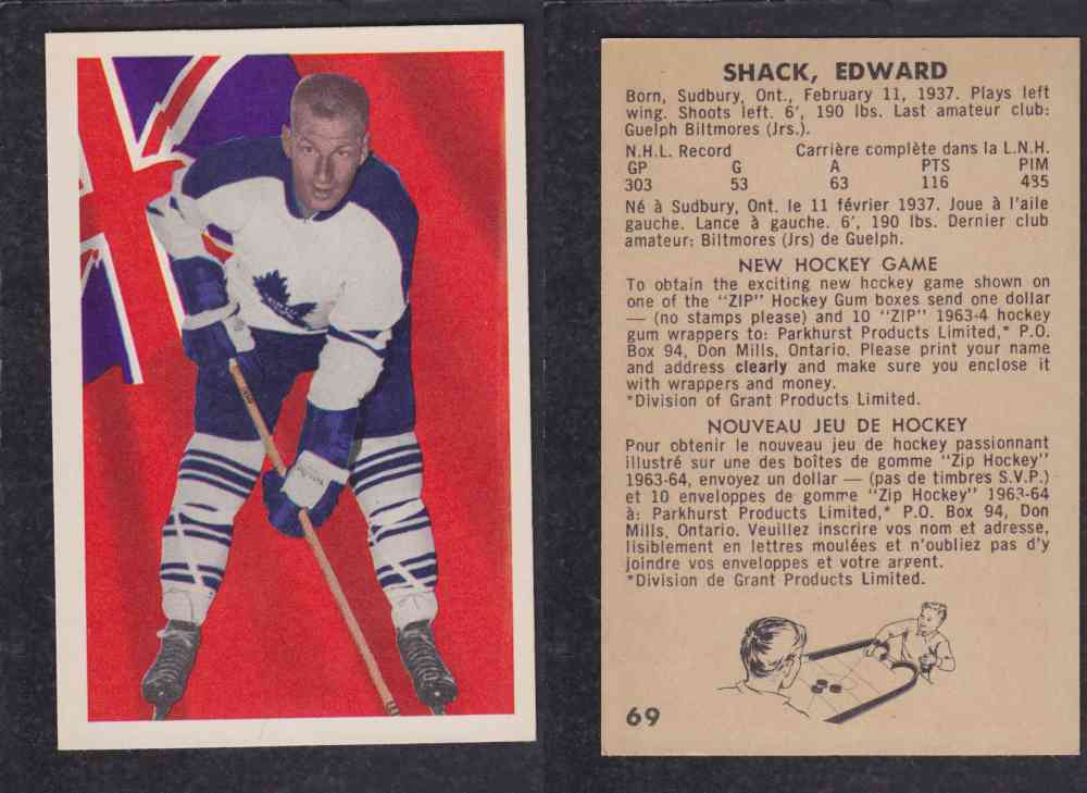 1963-64 PARKURST HOCKEY CARD #69 E. SHACK photo 1963-64 PARKURST HOCKEY CARD #69 E. SHACK photo
