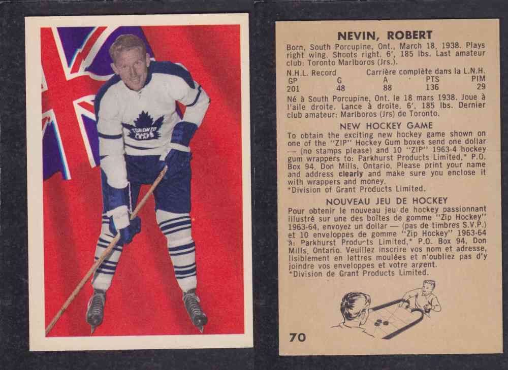 1963-64 PARKURST HOCKEY CARD #70 R. NEVIN photo 1963-64 PARKURST HOCKEY CARD #70 R. NEVIN photo