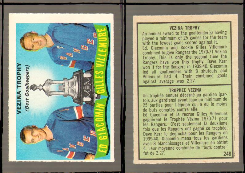 1971-72 O-PEE-CHEE HOCKEY CARD #248 GIACOMIN & VILLEMURE VEZINA TROPHY photo 1971-72 O-PEE-CHEE HOCKEY CARD #248 GIACOMIN & VILLEMURE VEZINA TROPHY photo