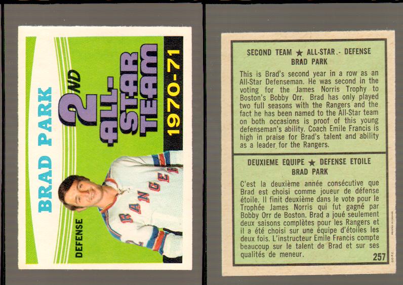 1971-72 O-PEE-CHEE HOCKEY CARD #257 B.PARK 2AS photo 1971-72 O-PEE-CHEE HOCKEY CARD #257 B.PARK 2AS photo