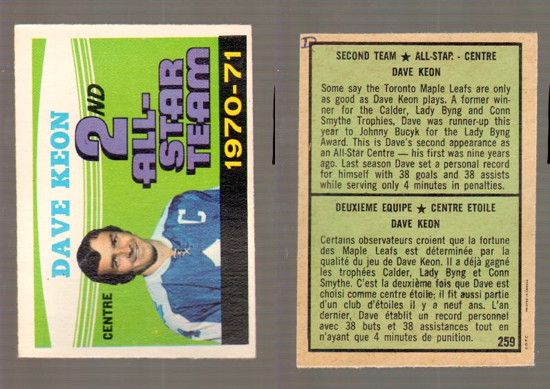 1971-72 O-PEE-CHEE HOCKEY CARD #259 D.KEON 2AS photo 1971-72 O-PEE-CHEE HOCKEY CARD #259 D.KEON 2AS photo