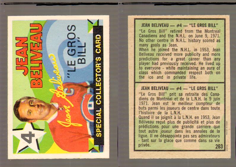 1971-72 O-PEE-CHEE HOCKEY CARD #263 J.BELIVEAU RS photo 1971-72 O-PEE-CHEE HOCKEY CARD #263 J.BELIVEAU RS photo