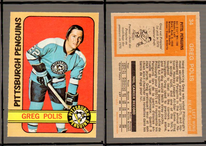 1972-73 O-PEE-CHEE HOCKEY CARD #34 G.POLIS photo 1972-73 O-PEE-CHEE HOCKEY CARD #34 G.POLIS photo
