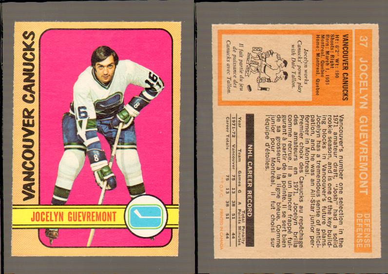 1972-73 O-PEE-CHEE HOCKEY CARD #37 J.GUEVREMONT photo