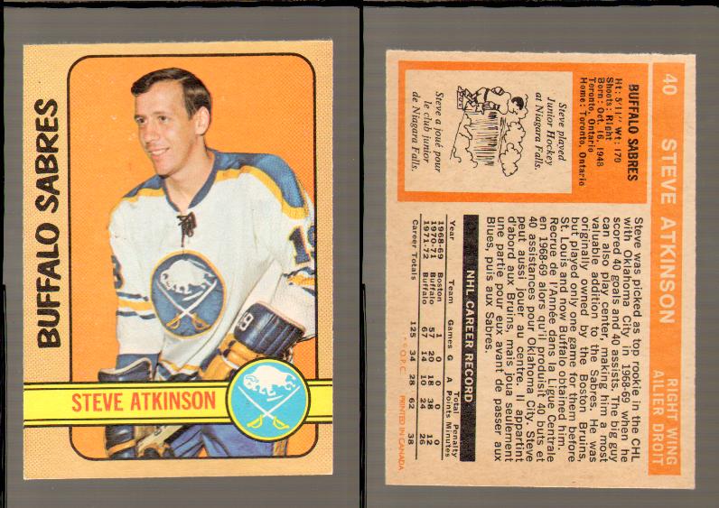 1972-73 O-PEE-CHEE HOCKEY CARD #40 S.ATKINSON photo 1972-73 O-PEE-CHEE HOCKEY CARD #40 S.ATKINSON photo