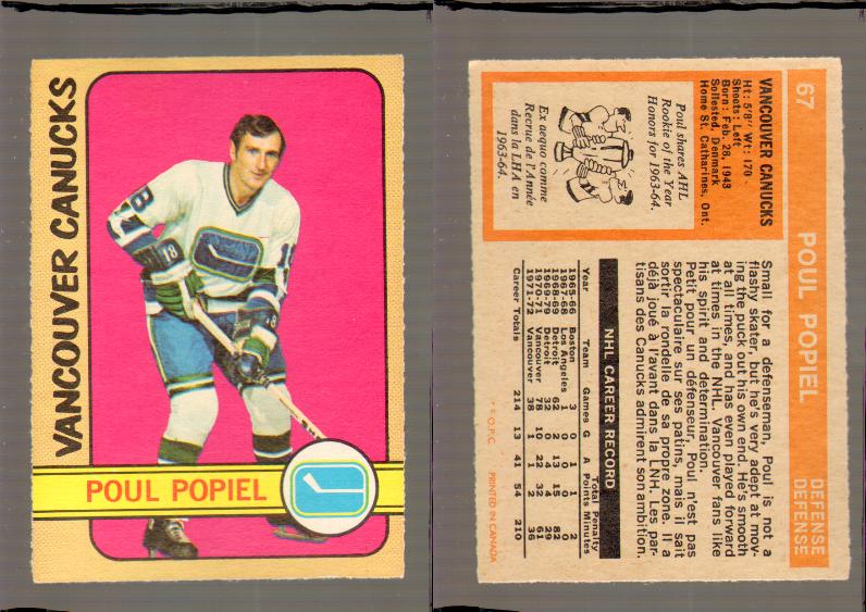 1972-73 O-PEE-CHEE HOCKEY CARD #67 P.POPEIL photo 1972-73 O-PEE-CHEE HOCKEY CARD #67 P.POPEIL photo