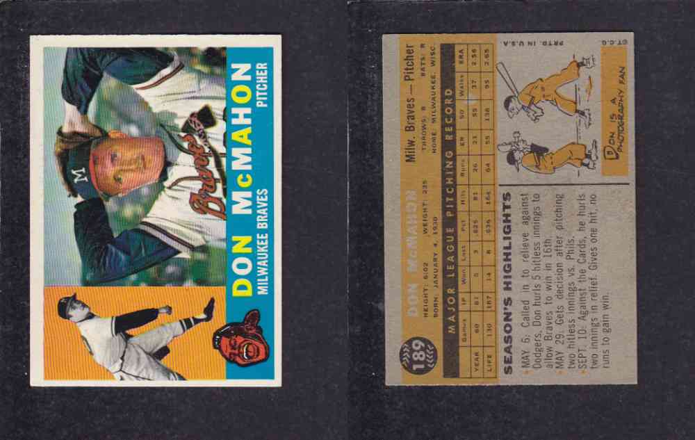 1960 TOPPS BASEBALL CARD #189 D. MCMAHON photo 1960 TOPPS BASEBALL CARD #189 D. MCMAHON photo