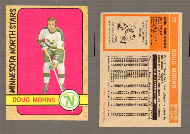 1972-73 O-PEE-CHEE HOCKEY CARD #75 D.MOHNS photo 1972-73 O-PEE-CHEE HOCKEY CARD #75 D.MOHNS photo