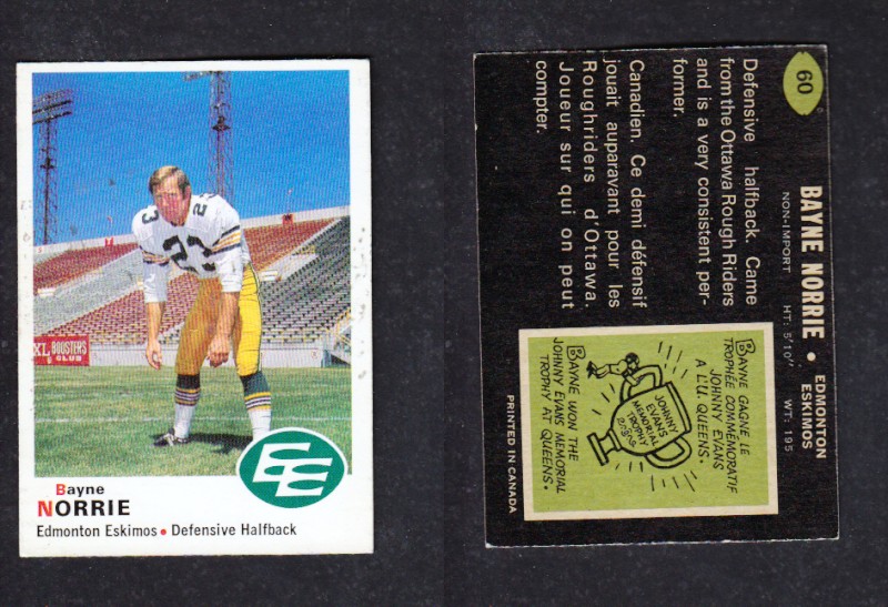 1970 CFL O-PEE-CHEE FOOTBALL CARD #60 BAYNE NORRIE photo 1970 CFL O-PEE-CHEE FOOTBALL CARD #60 BAYNE NORRIE photo