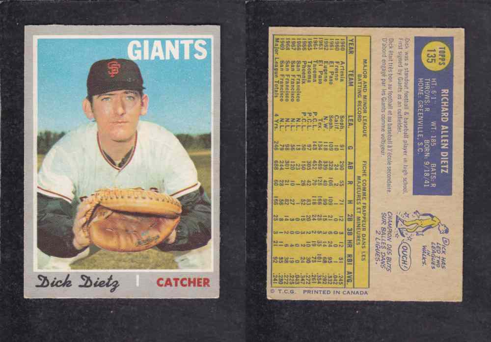 1970 O-PEE-CHEE BASEBALL CARD #135 D. DIETZ photo