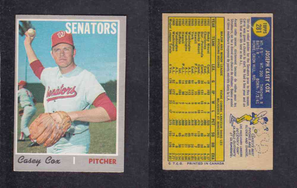 1970 O-PEE-CHEE BASEBALL CARD #281 C. COX photo 1970 O-PEE-CHEE BASEBALL CARD #281 C. COX photo