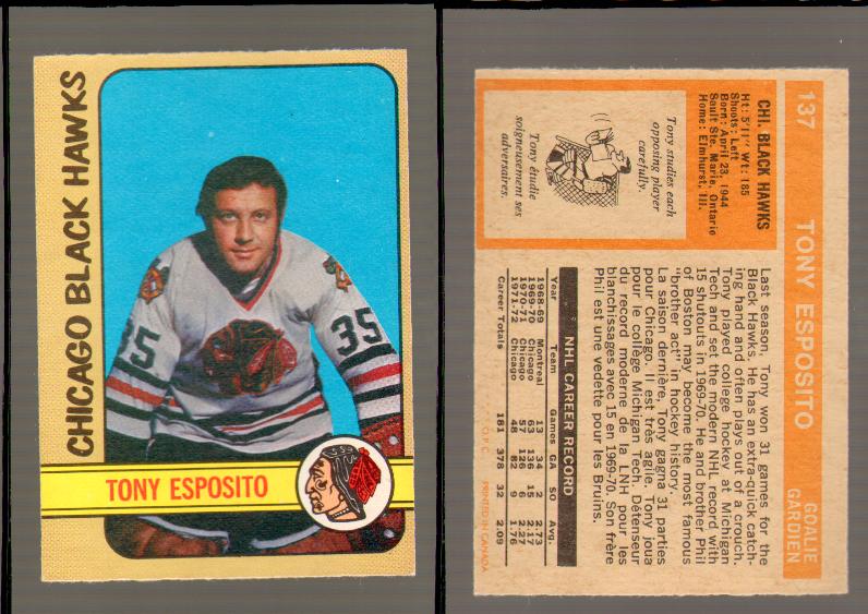 1972-73 O-PEE-CHEE HOCKEY CARD #137 T.ESPOSITO photo 1972-73 O-PEE-CHEE HOCKEY CARD #137 T.ESPOSITO photo