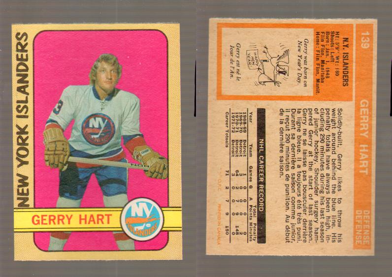 1972-73 O-PEE-CHEE HOCKEY CARD #139 G.HART photo 1972-73 O-PEE-CHEE HOCKEY CARD #139 G.HART photo