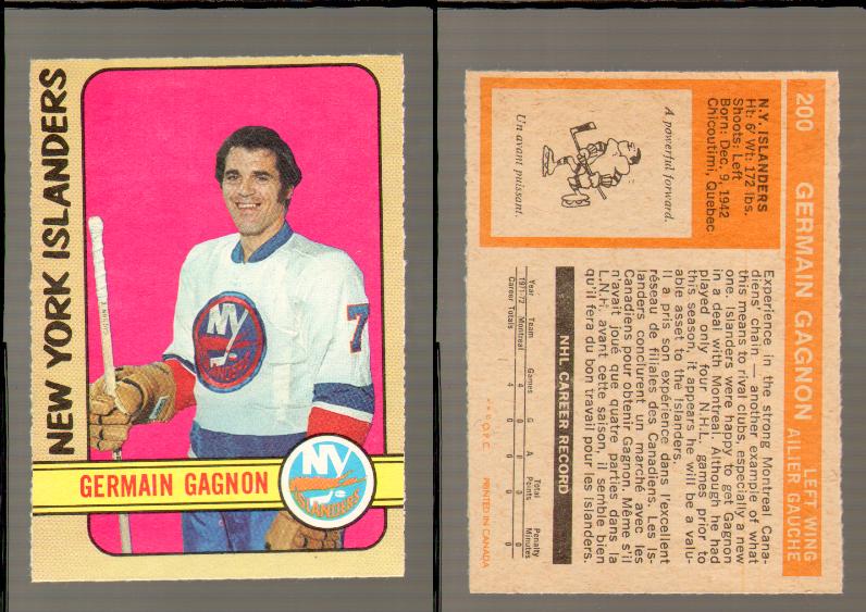 1972-73 O-PEE-CHEE HOCKEY CARD #200 G.GAGNON photo