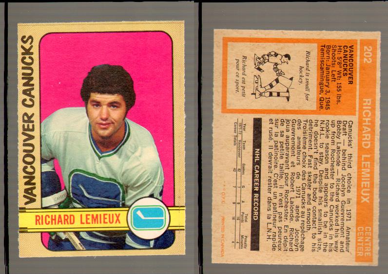 1972-73 O-PEE-CHEE HOCKEY CARD #202 R.LEMIEUX photo 1972-73 O-PEE-CHEE HOCKEY CARD #202 R.LEMIEUX photo
