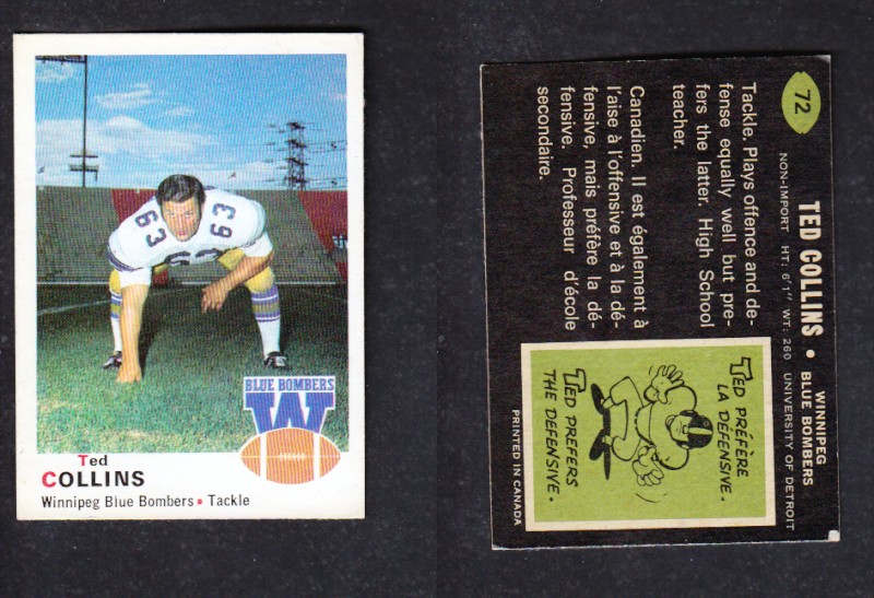 1970 CFL O-PEE-CHEE FOOTBALL CARD #72 T. COLLINS photo 1970 CFL O-PEE-CHEE FOOTBALL CARD #72 T. COLLINS photo