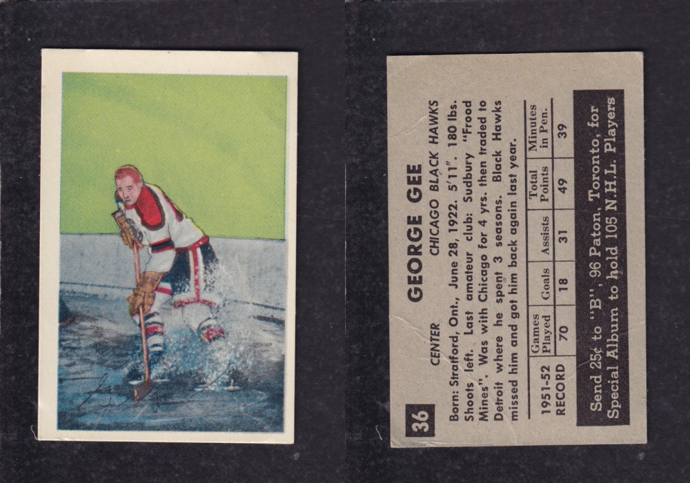 1952-53 PARKHURST HOCKEY CARD #36 G. GEE photo 1952-53 PARKHURST HOCKEY CARD #36 G. GEE photo