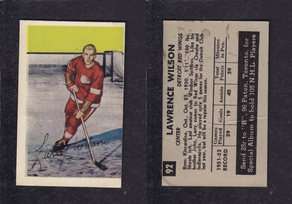1952-53 PARKHURST HOCKEY CARD #92 L. WILSON photo 1952-53 PARKHURST HOCKEY CARD #92 L. WILSON photo