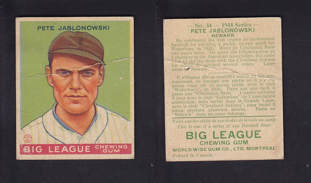 1934 WORLD WIDE GUM CANADIAN GOUDEY BASEBALL CARD #34 P. JABLONOWSKI photo