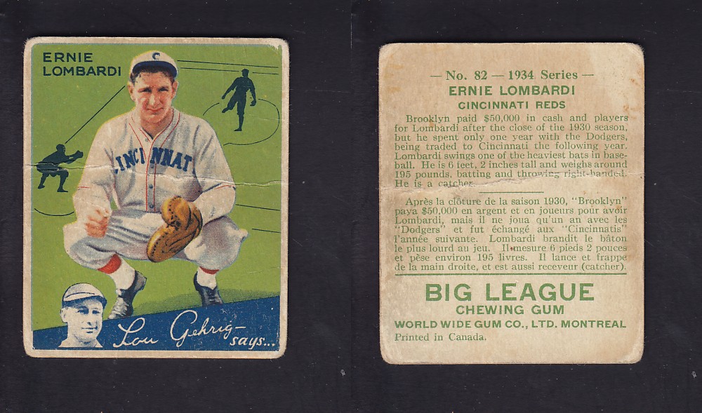 1934 WORLD WIDE GUM CANADIAN GOUDEY BASEBALL CARD #82 E. LOMBARDI photo