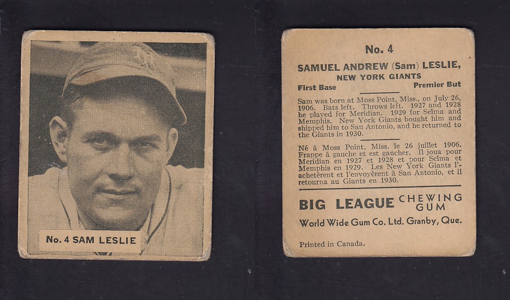 1936 WORLD WIDE GUM CANADIAN GOUDEY BASEBALL CARD #4 S. LESLIE photo