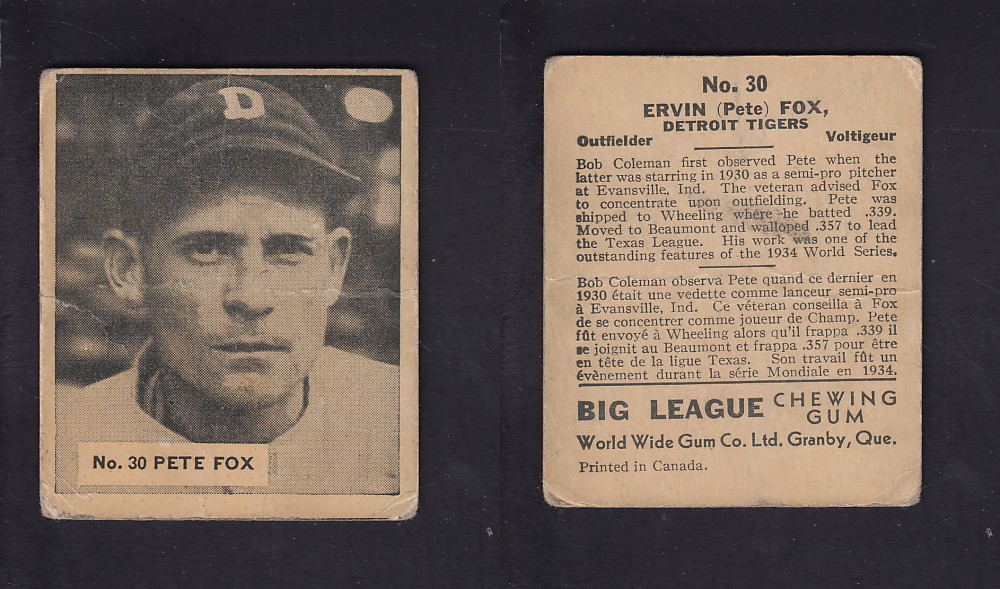 1936 WORLD WIDE GUM CANADIAN GOUDEY BASEBALL CARD #30 P. FOX photo