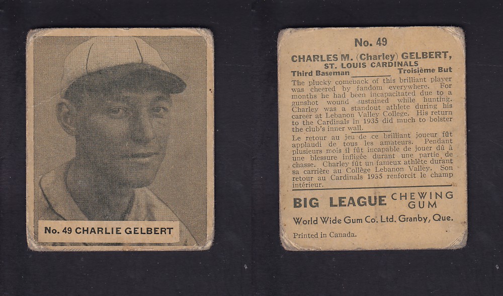 1936 WORLD WIDE GUM CANADIAN GOUDEY BASEBALL CARD #49 C. GELBERT photo
