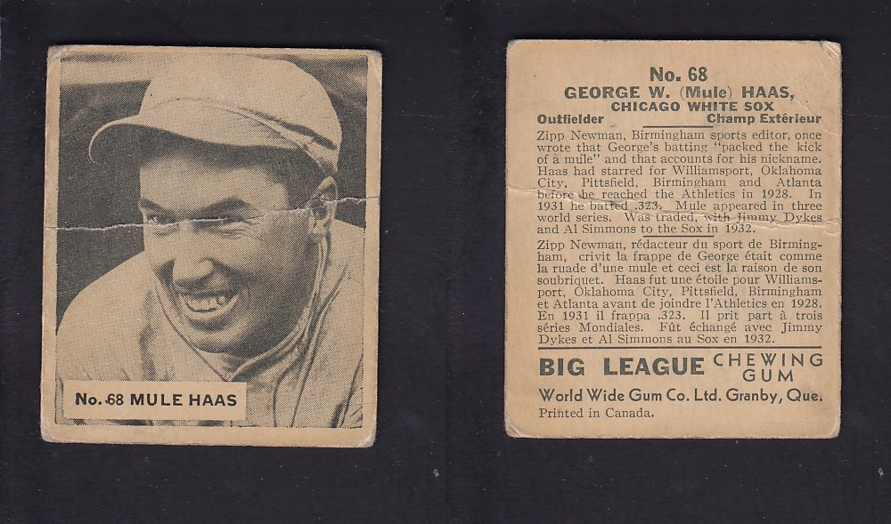 1936 WORLD WIDE GUM CANADIAN GOUDEY BASEBALL CARD #68 M. HAAS photo