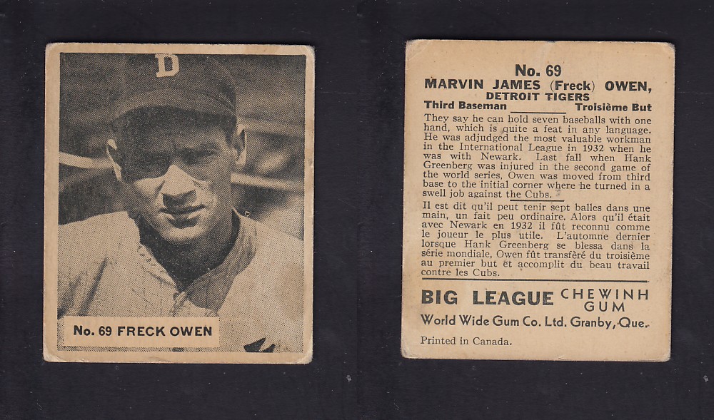 1936 WORLD WIDE GUM CANADIAN GOUDEY BASEBALL CARD #69 F. OWEN photo