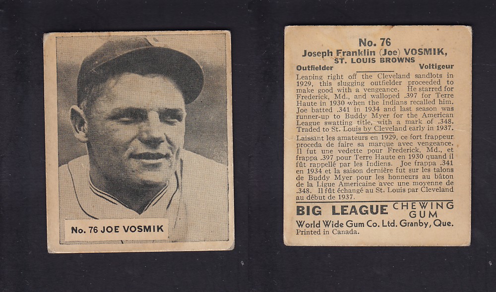 1936 WORLD WIDE GUM CANADIAN GOUDEY BASEBALL CARD #76 J. VOSMIK photo 1936 WORLD WIDE GUM CANADIAN GOUDEY BASEBALL CARD #76 J. VOSMIK photo