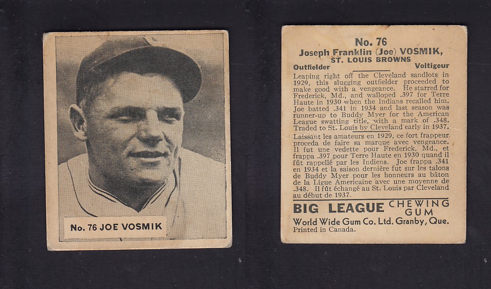 1936 WORLD WIDE GUM CANADIAN GOUDEY BASEBALL CARD #76 J. VOSMIK photo