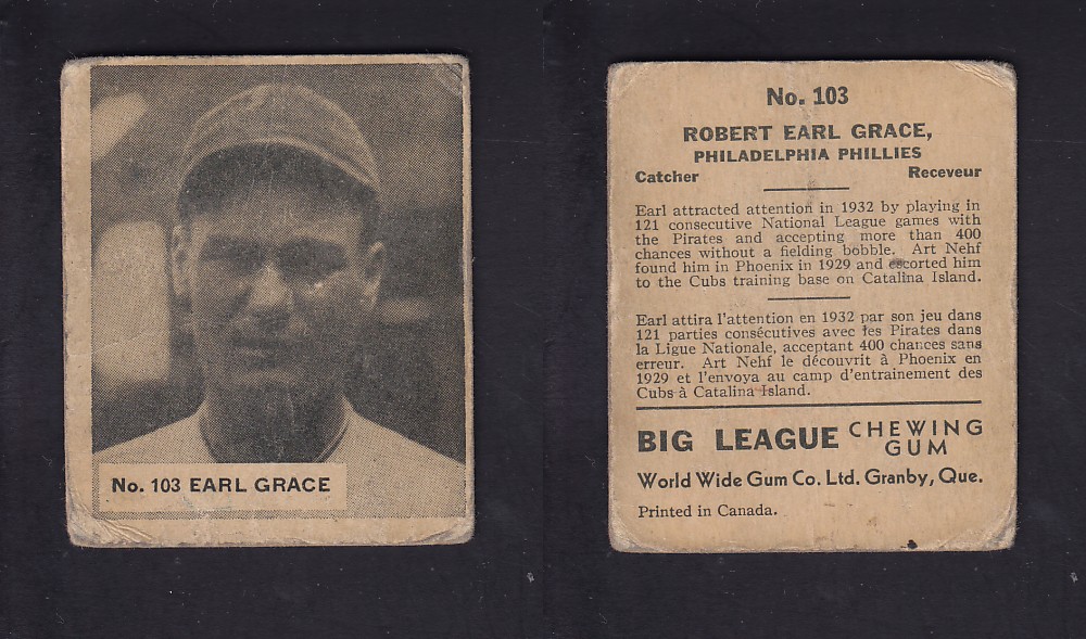 1936 WORLD WIDE GUM CANADIAN GOUDEY BASEBALL CARD #103 E. GRACE photo
