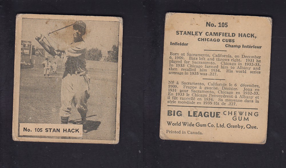 1936 WORLD WIDE GUM CANADIAN GOUDEY BASEBALL CARD #105 S. HACK photo