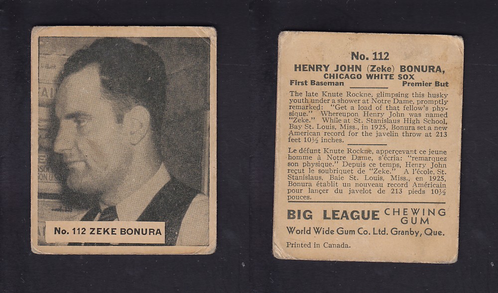 1936 WORLD WIDE GUM CANADIAN GOUDEY BASEBALL CARD #112 Z. BONURA photo