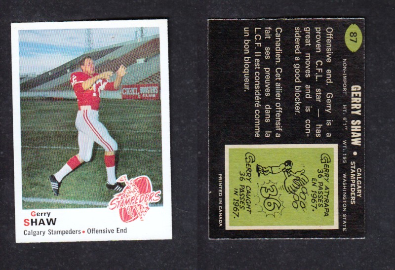 1970 CFL O-PEE-CHEE FOOTBALL CARD #87 G. SHAW photo