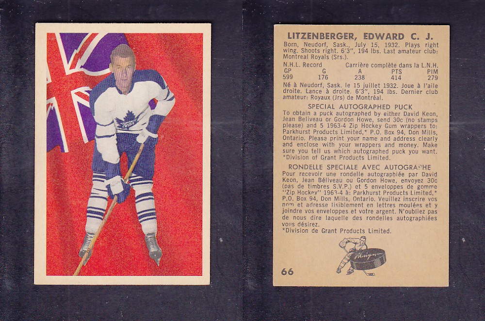 1963-64 PARKHURST HOCKEY CARD #66 E. LITZENBERGER photo 1963-64 PARKHURST HOCKEY CARD #66 E. LITZENBERGER photo