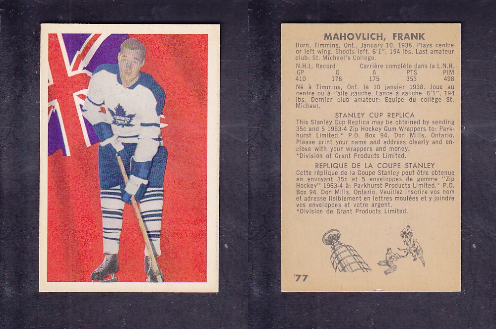 1963-64 PARKHURST HOCKEY CARD #77 F. MAHOVLICH photo 1963-64 PARKHURST HOCKEY CARD #77 F. MAHOVLICH photo